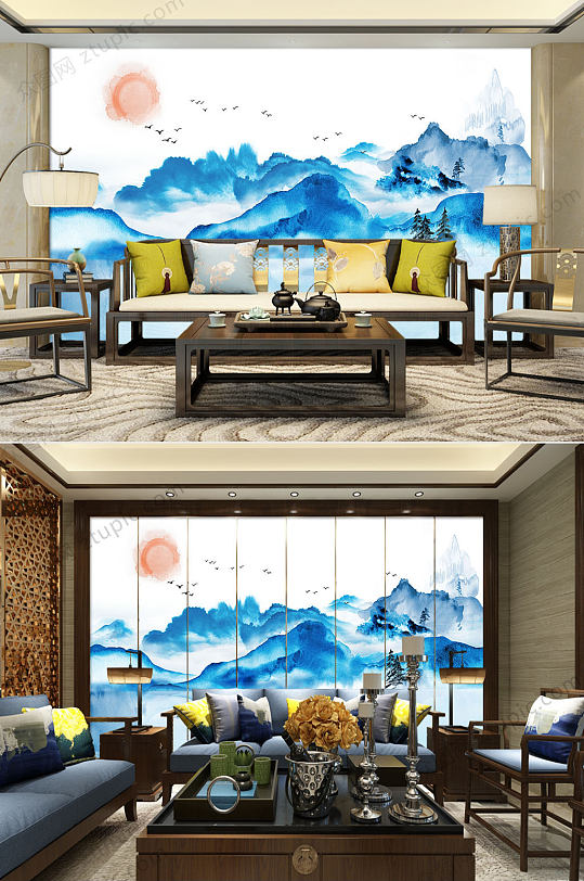 新中式水墨山水风景电视背景墙-众图网