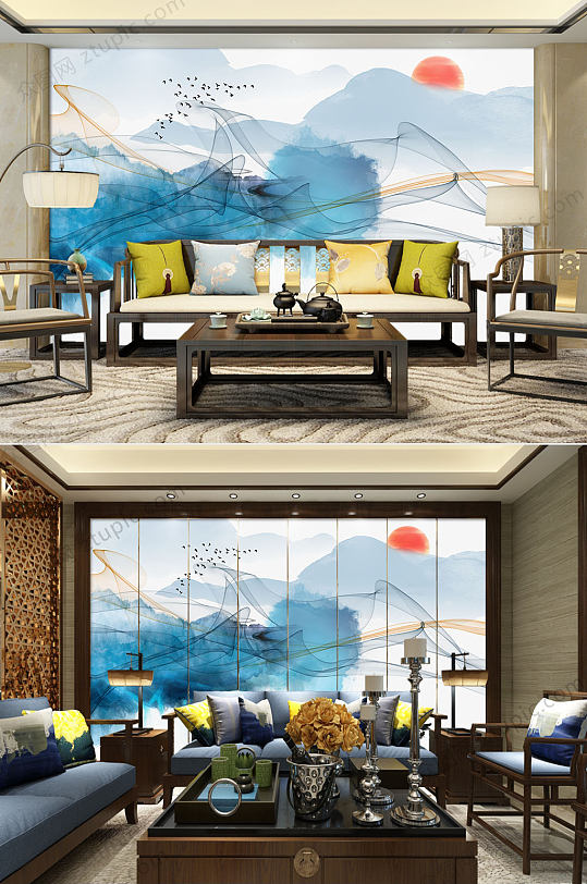 创新中式抽象水墨山水背景墙-众图网