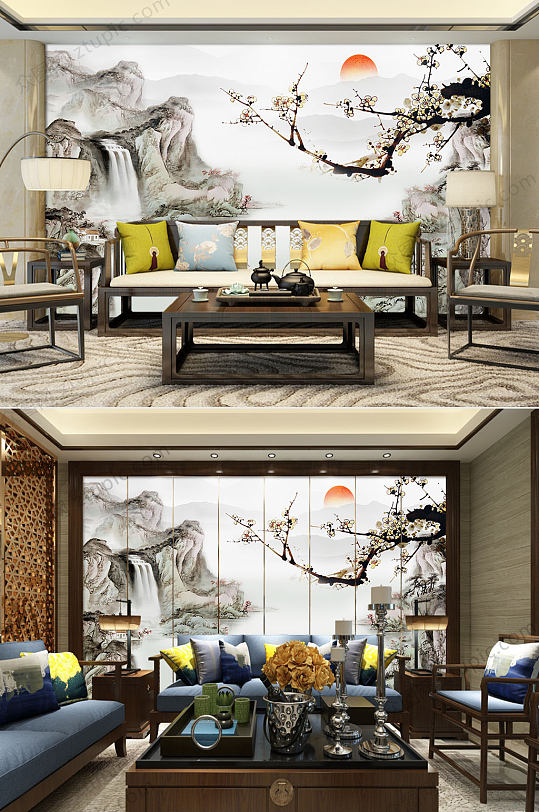 中式水墨梅花山水背景墙-众图网