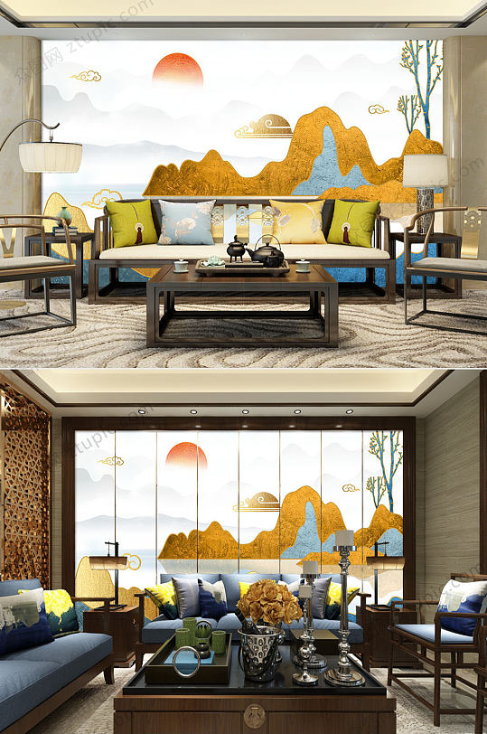 新中式金色山水风景背景墙-众图网