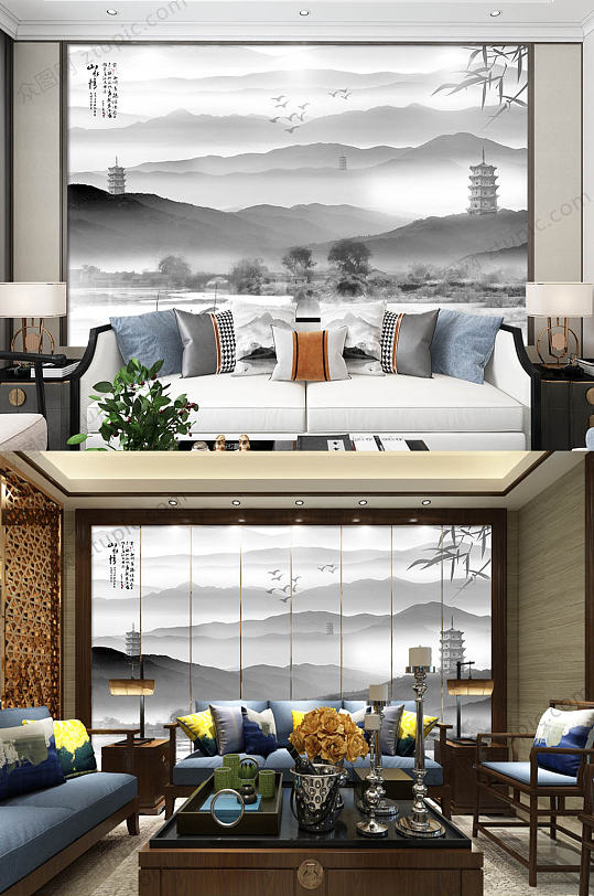 中式山水沙发背景墙-众图网