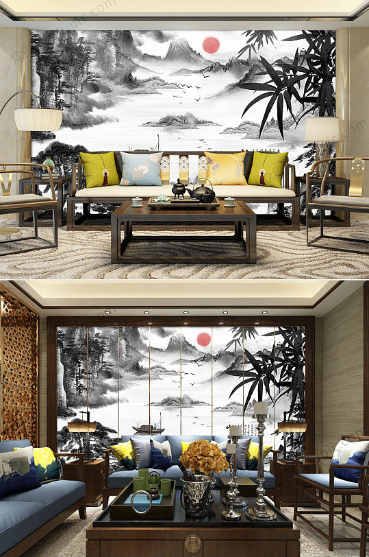 水墨中式山水竹子背景墙-众图网