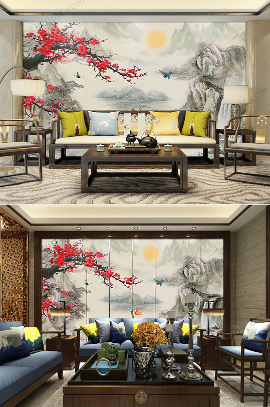 中式山水梅花喜鹊背景墙