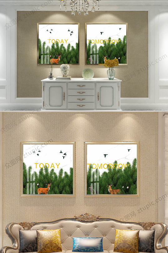 麋鹿松林装饰画-众图网