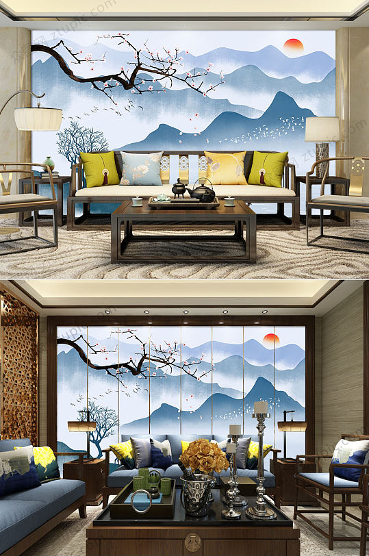 蓝色淡雅水墨背景墙-众图网