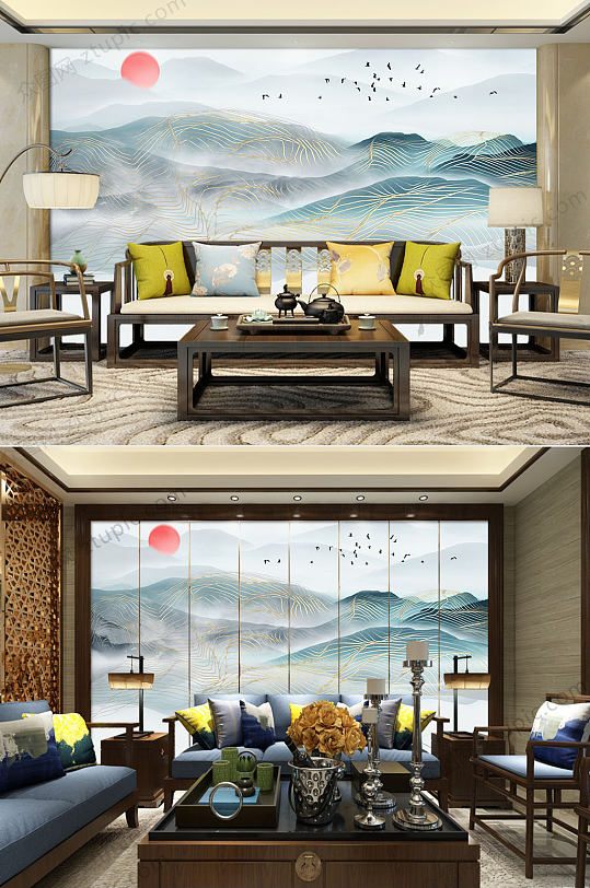 抽象绿色山水背景墙-众图网