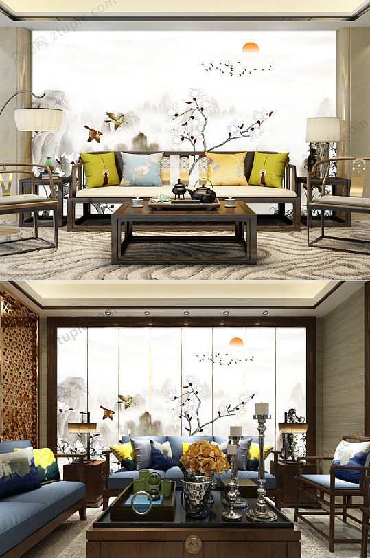 中式水墨工笔画电视背景墙-众图网