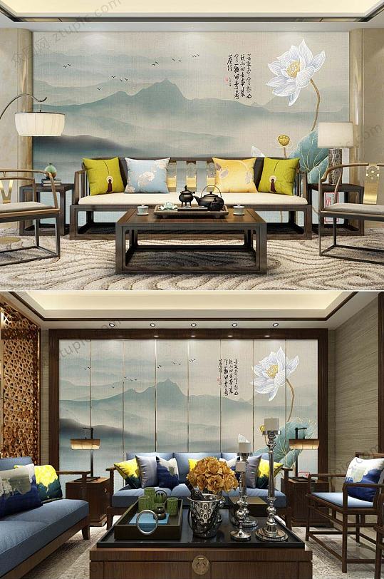 古风荷花电视背景墙-众图网