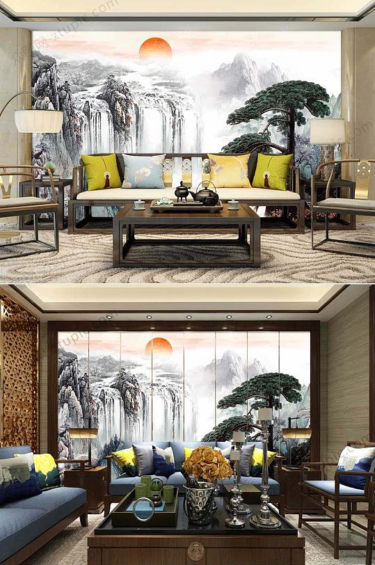 中式大气山水客厅背景墙-众图网