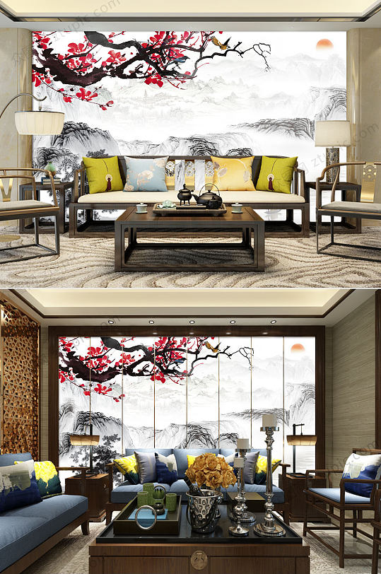 高清水墨花鸟山水背景墙-众图网