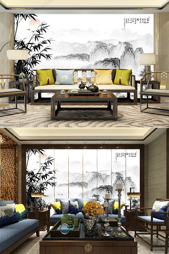中国风水墨竹子电视背景墙--众图网