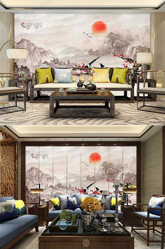 意境抽象水墨山水客厅背景墙-众图网