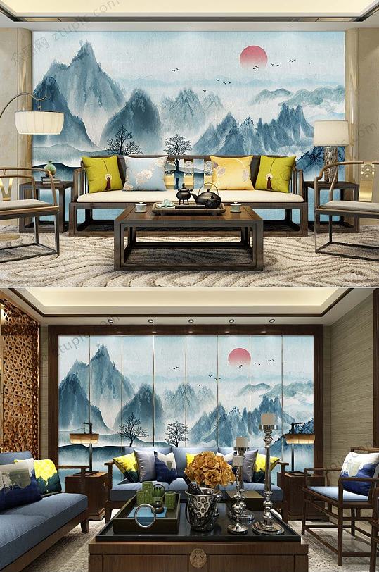 蓝色诗意水墨背景墙-众图网