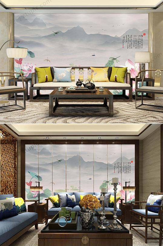 新中式诗意荷花水墨背景墙-众图网