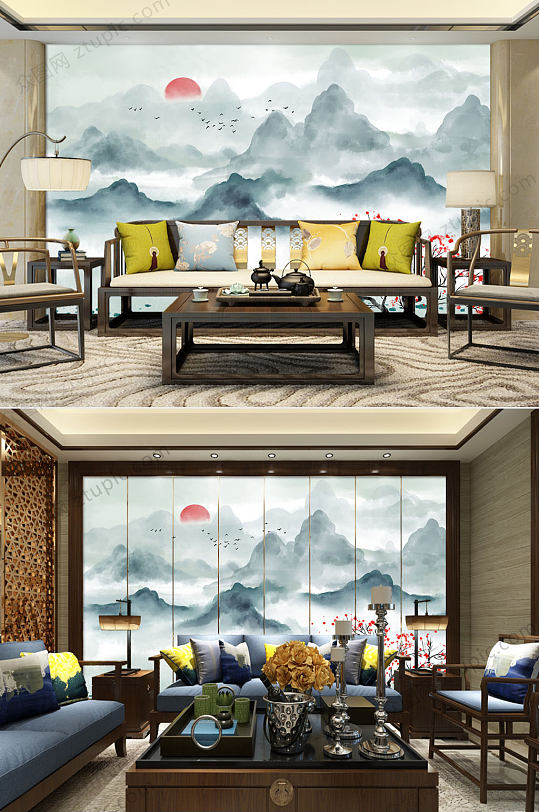 新中式意境水墨山水背景墙-众图网