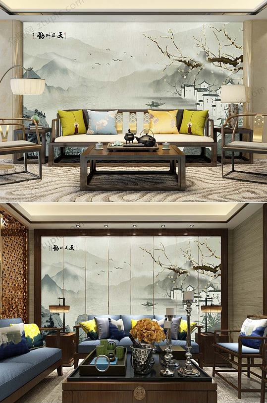 新中式简约山水画背景墙-众图网