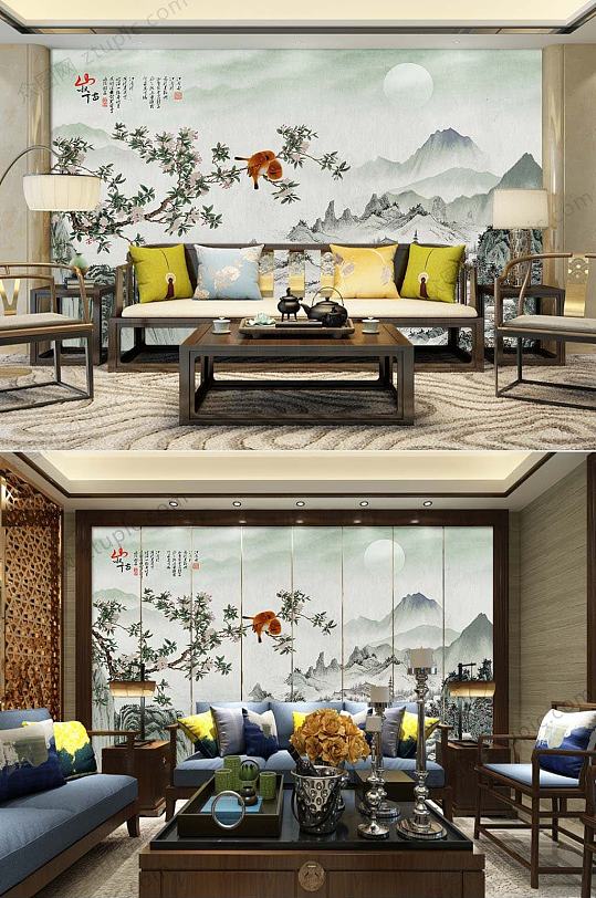 诗意中式花鸟背景墙-众图网