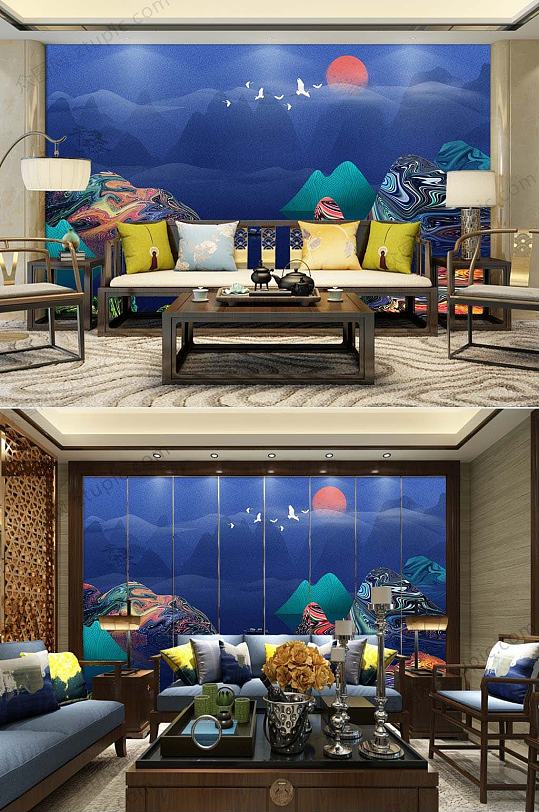 新中式抽象山水背景墙-众图网