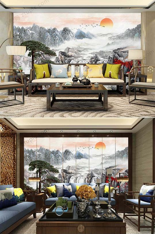 中式大气日出山河图客厅生活背景墙-众图网