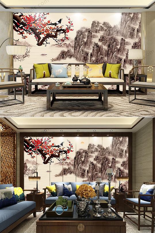 新中式山水背景墙-众图网