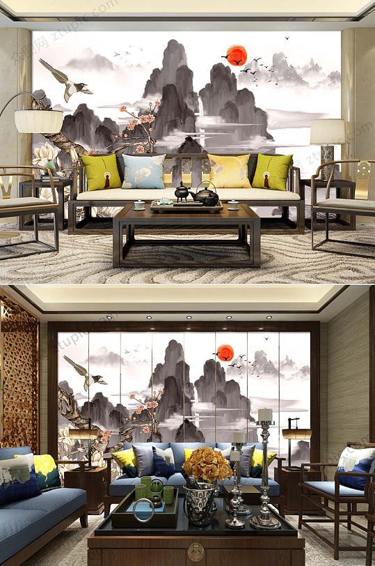 简约工笔花鸟背景墙-众图网