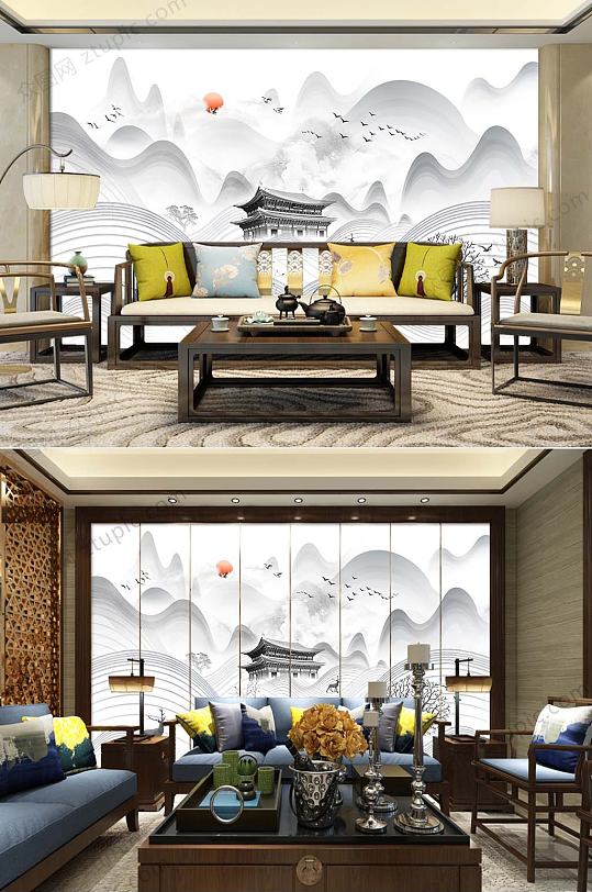 抽象线条山水背景墙-众图网