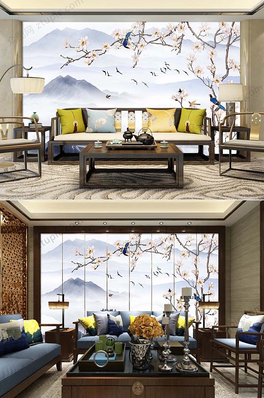 简约花鸟山水背景墙-众图网