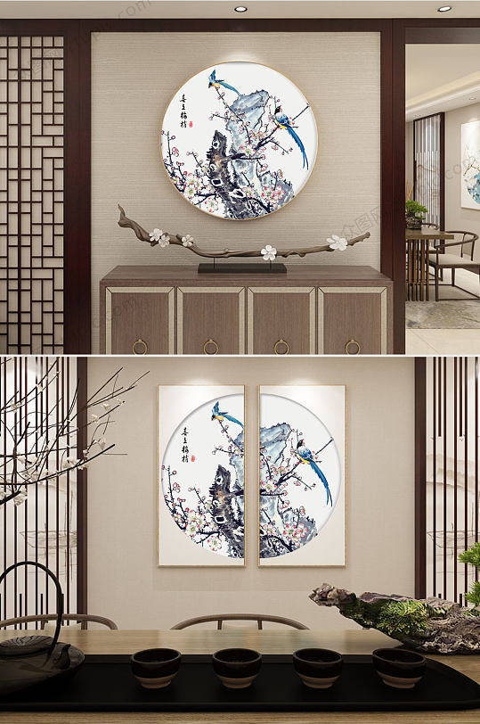 新中式工笔花鸟圆形两联装饰画