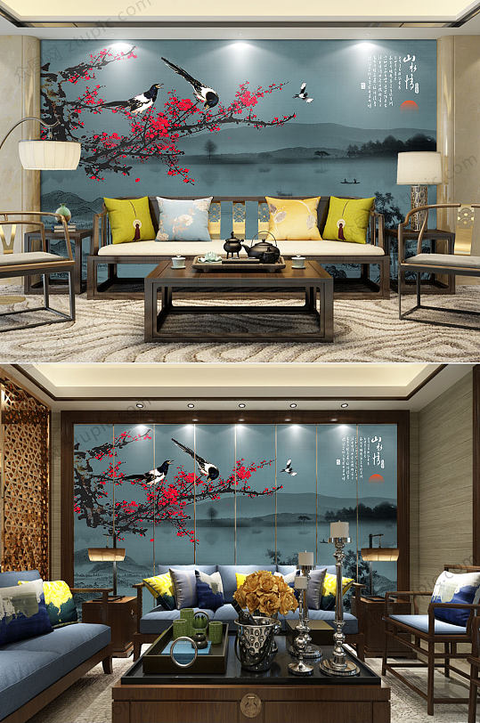 中式淡雅背景墙-众图网