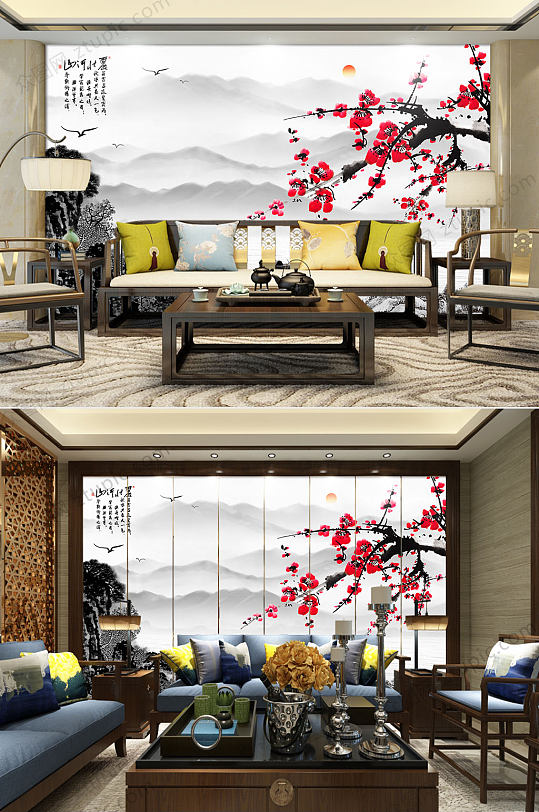 新中式简约背景墙-众图网