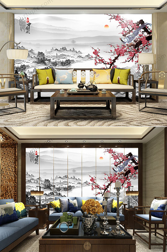 新中式花鸟背景墙-众图网