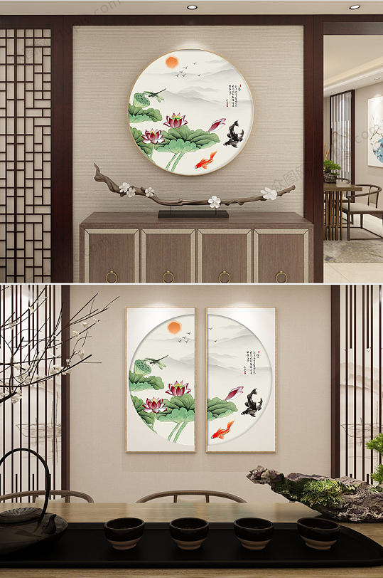 典雅中式荷花两联装饰画-众图网