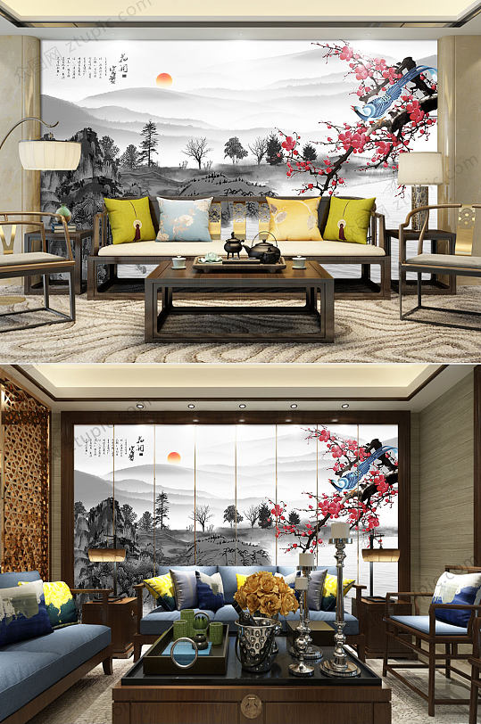 中式山水花鸟背景墙-众图网