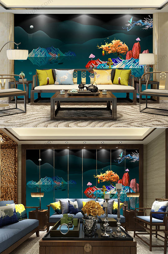 新中式唯美背景墙-众图网