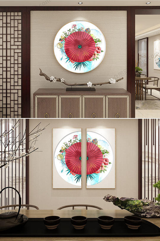 清新水彩伞面花鸟装饰画-众图网