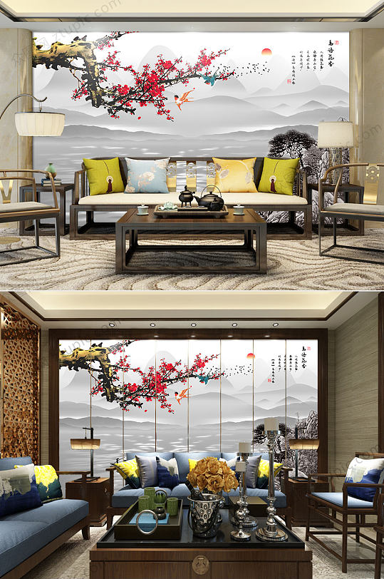 山水淡雅背景墙-众图网