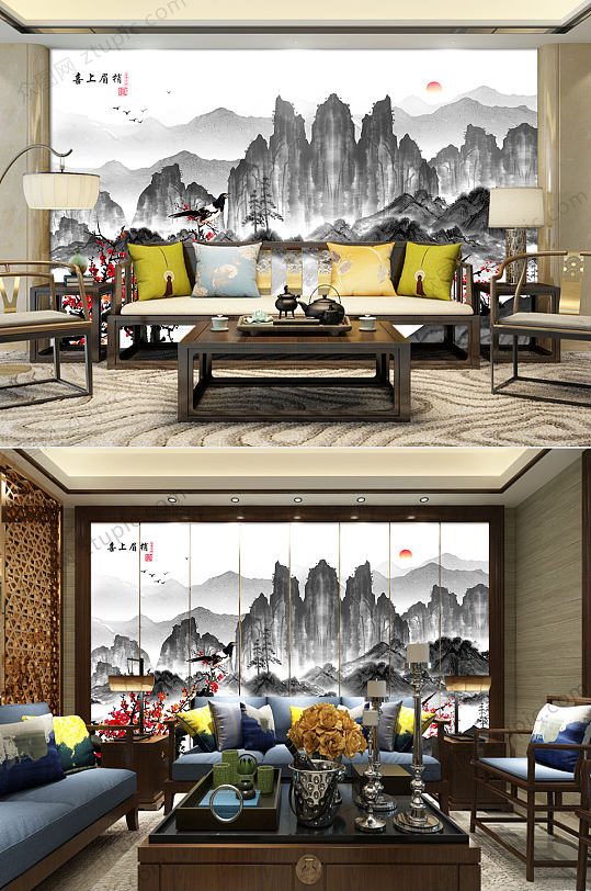 中式山水大气背景墙-众图网