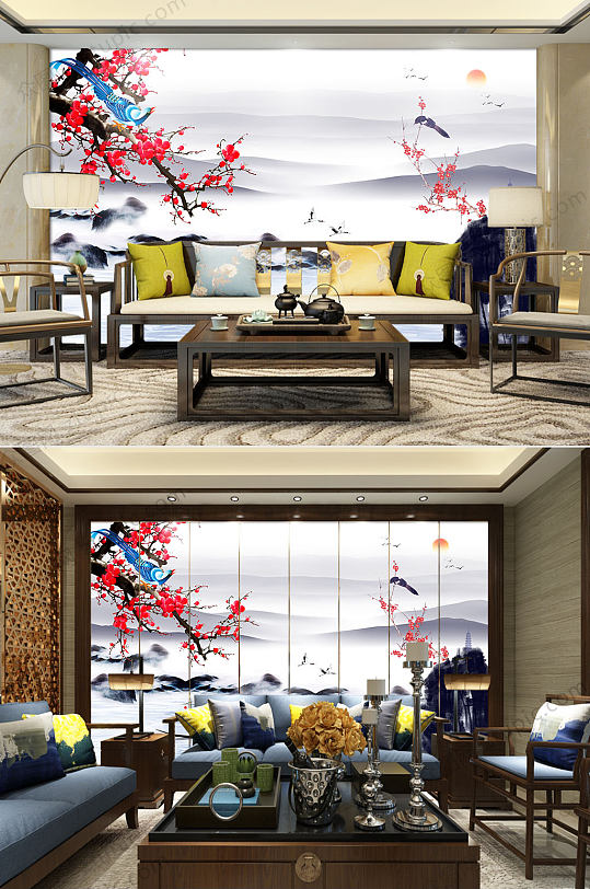 中式写意山水背景墙-众图网