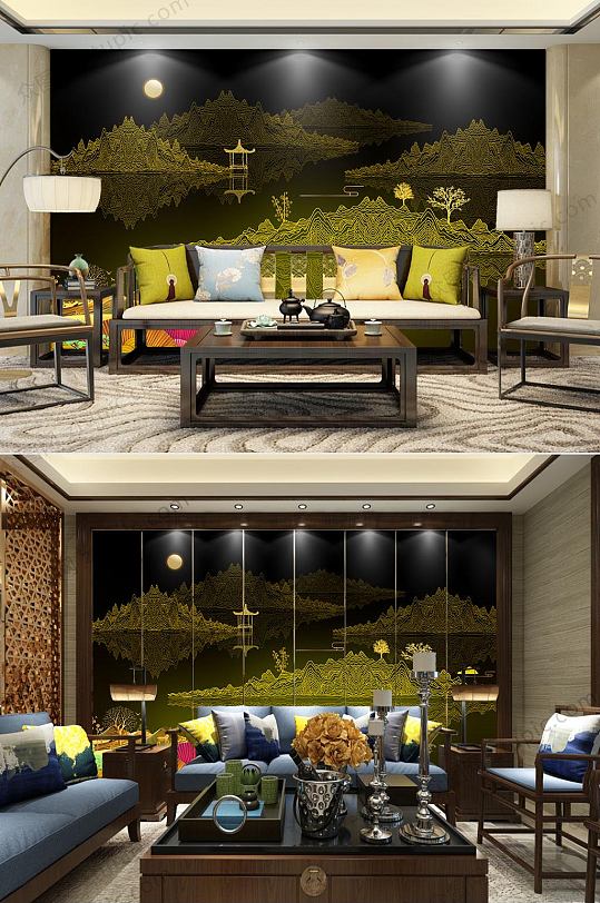 新中式山水简约背景墙-众图网