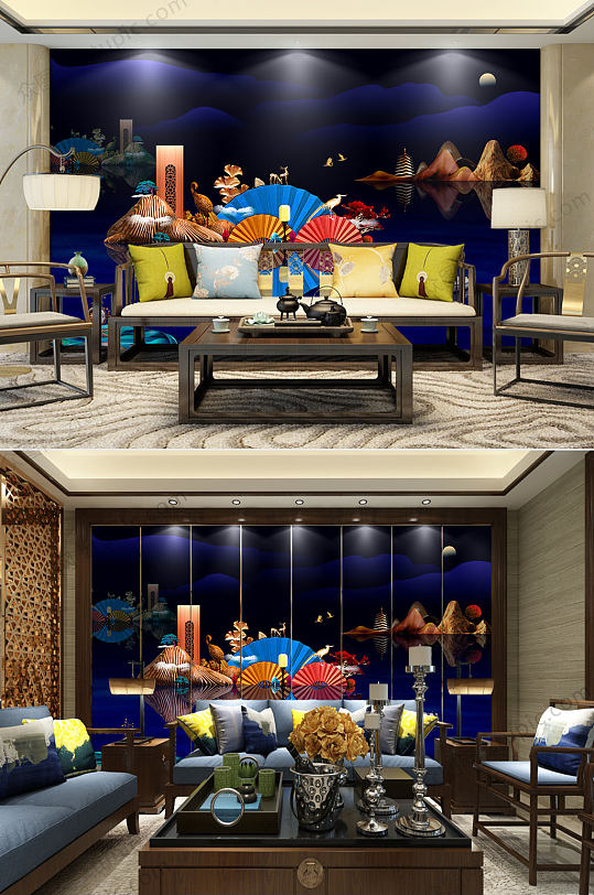 新中式唯美背景墙-众图网