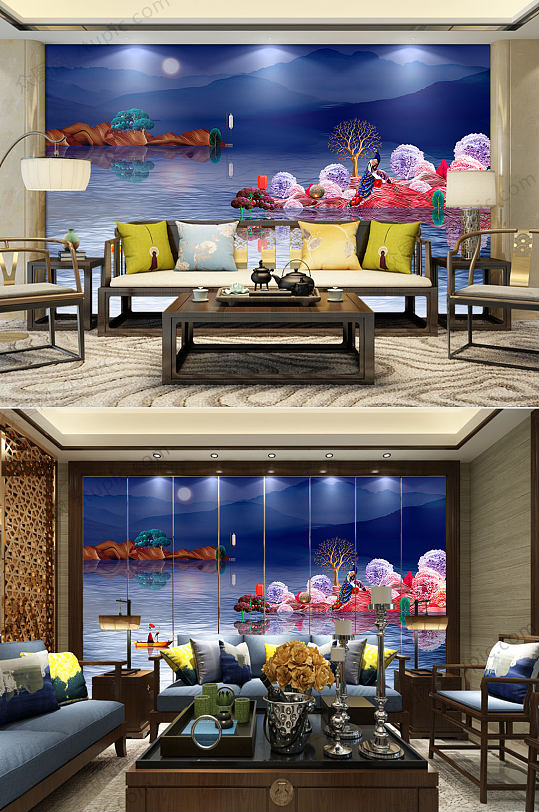 新中式山水唯美背景墙-众图网