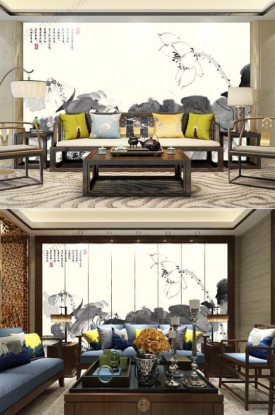 墨荷禅意中式背景墙-众图网