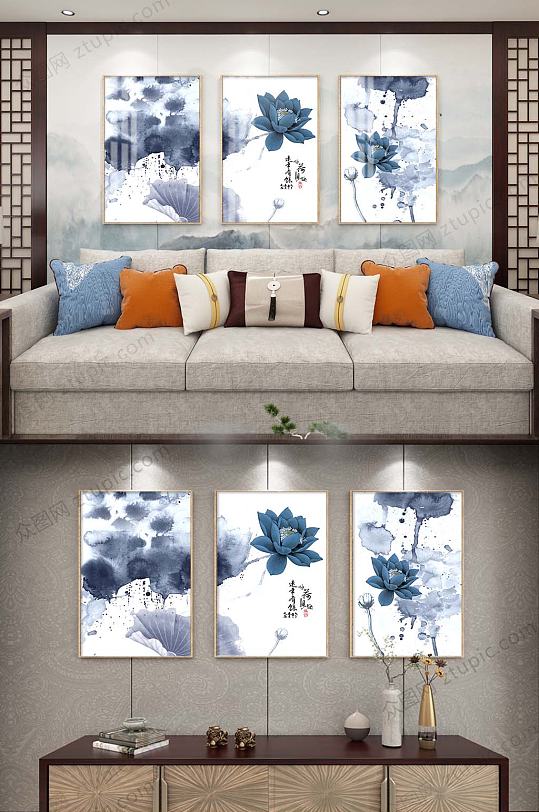 蓝色水墨荷花装饰画-众图网