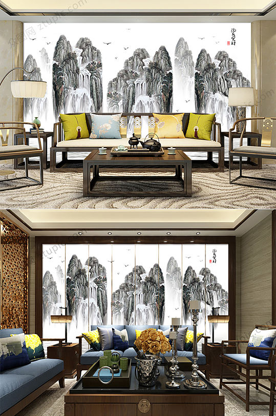 原创意境山水生活客厅背景墙-众图网