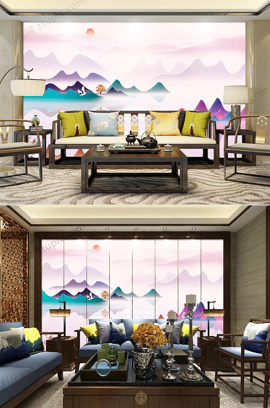 唯美中式山水背景墙-众图网