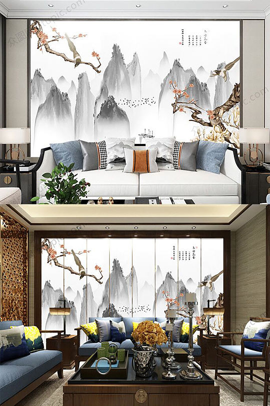 喜上眉梢山水背景墙-众图网