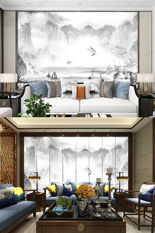 中式山水淡雅背景墙-众图网