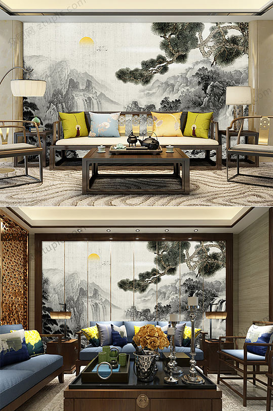 复古中国画电视背景墙-众图网