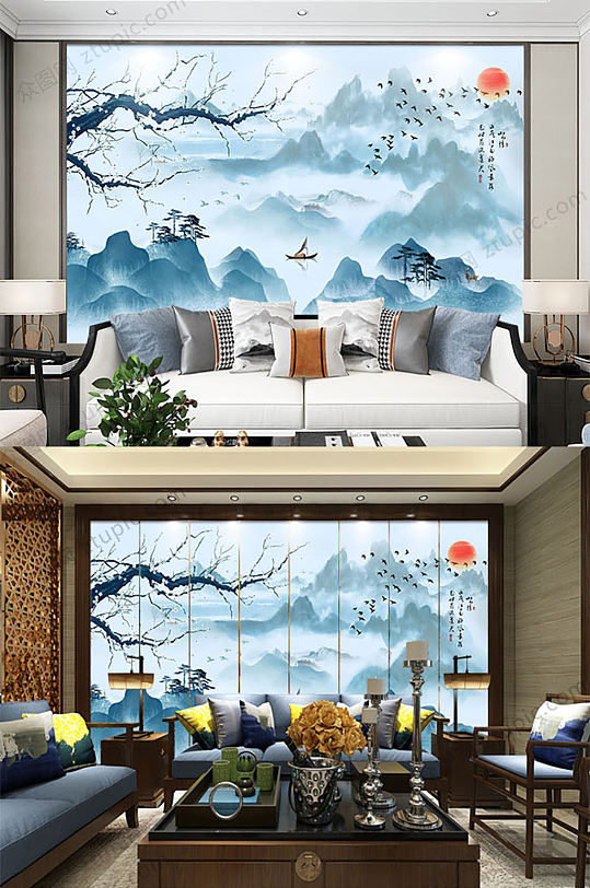 蓝色中式山水画模板-众图网