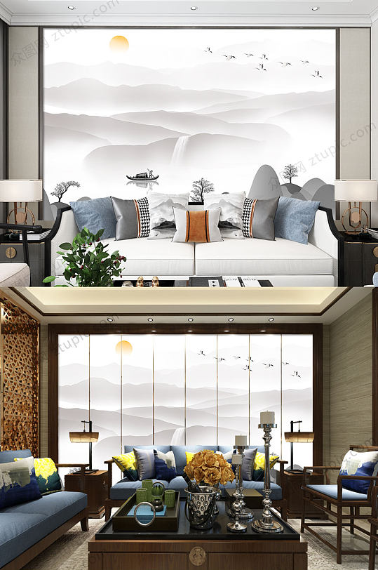 中式唯美写意背景墙-众图网